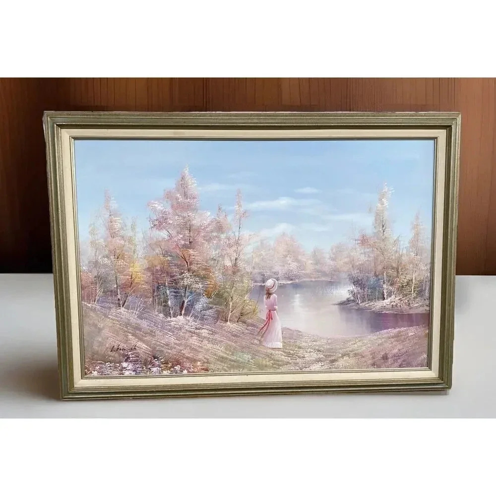 VTG SINGED FRAMED OIL PAINTING ON CANVAS GIRL BY THE LAKE LANDSCAP LARGE 29”X41”